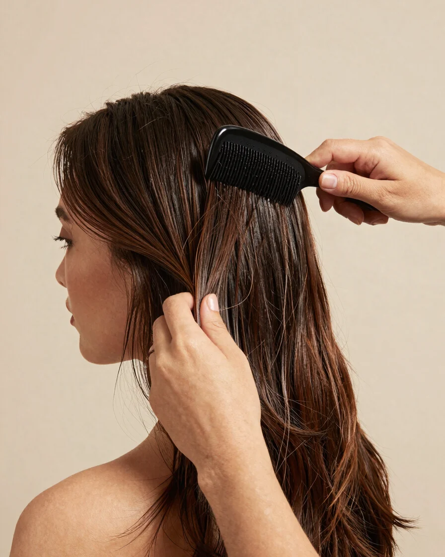 Editorial beauty photography, soft diffused studio daylight, warm neutral tones, hands working with a comb through hair