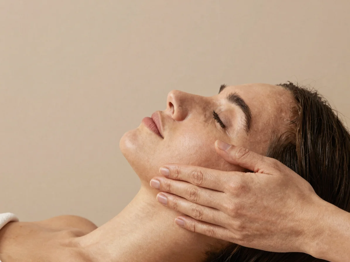 Soft studio photograph of hands performing a facial massage on a