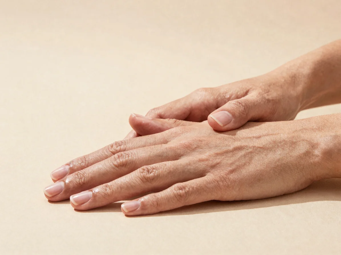 Editorial close-up of manicured hands with neatly shaped nails re