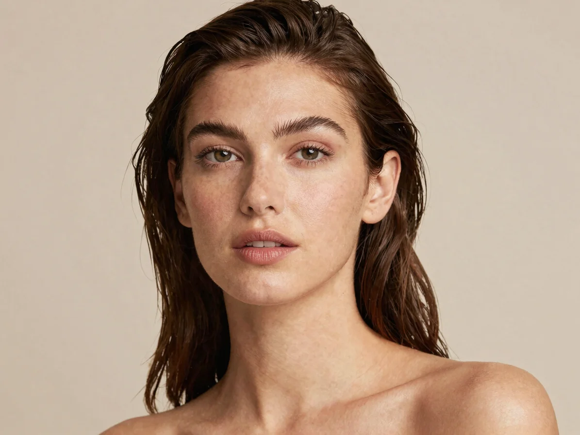 Soft editorial portrait of a woman with a natural makeup finish,